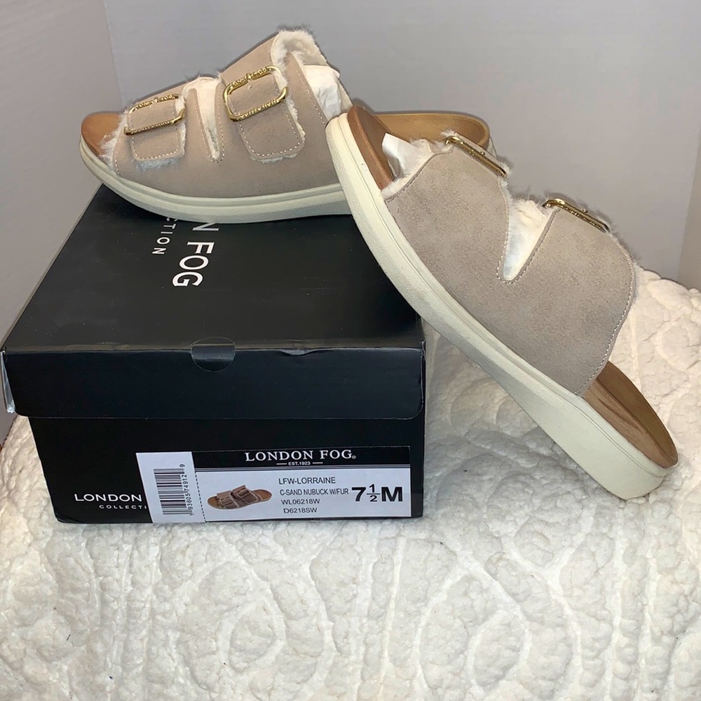 London Fog Faux Fur Slide Sandals